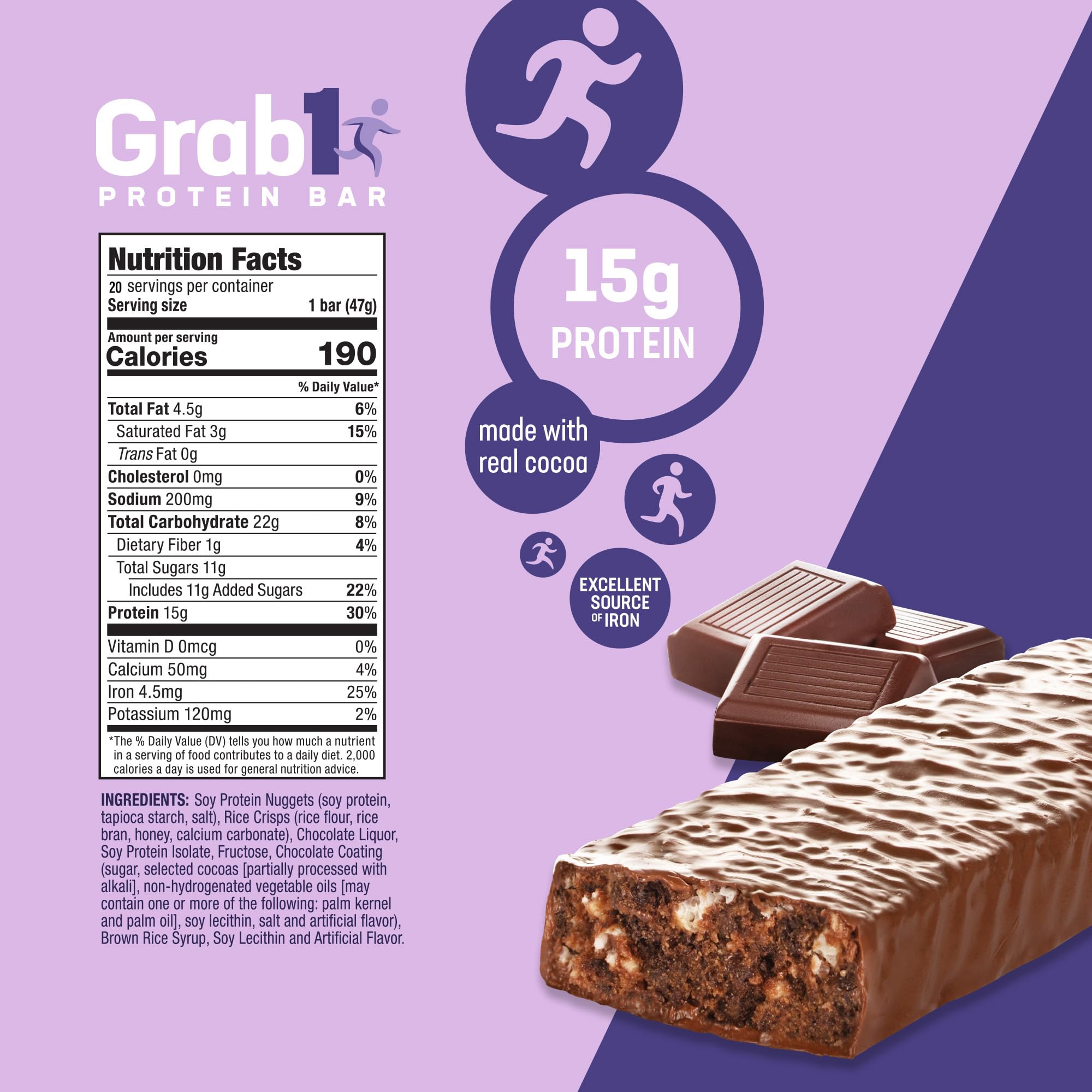 Grab1 protein bar close-up showing rich dark chocolate flavor.