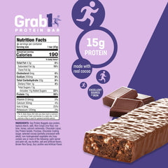 Grab1 protein bar close-up showing rich dark chocolate flavor.