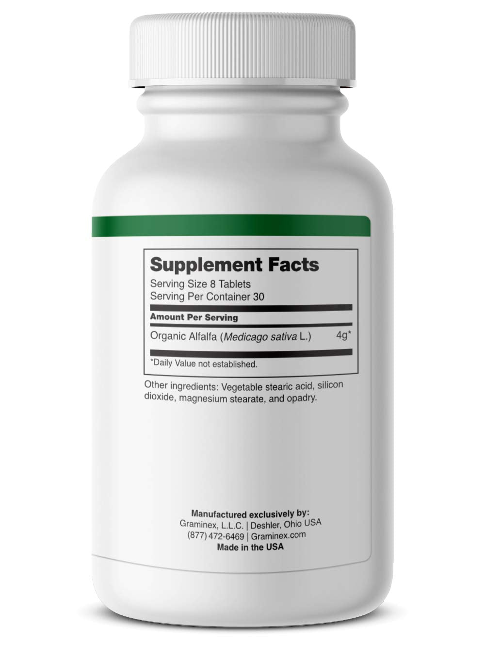 Close-up of Graminex Alfalfa Tablets showing round tablets