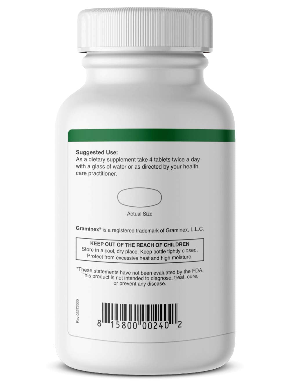 Supplement facts label for Graminex Barley Grass Tablets