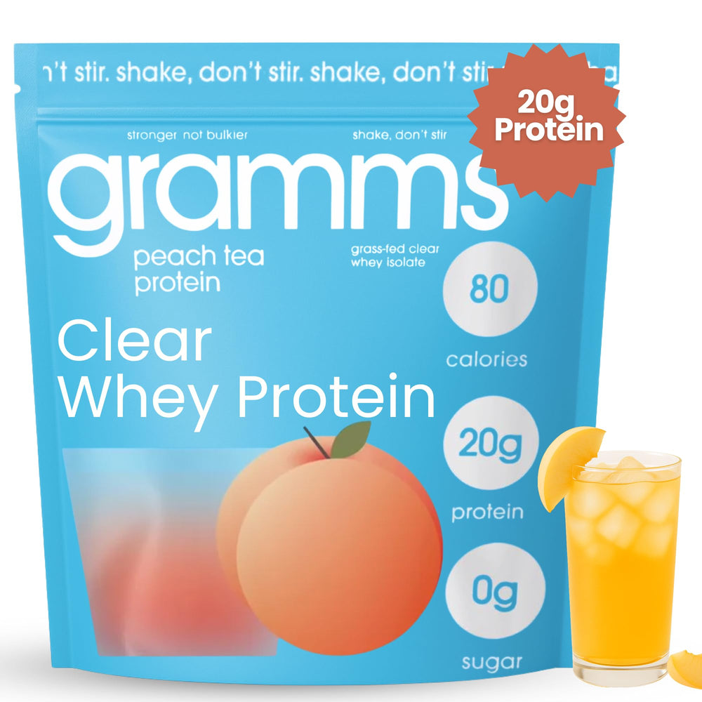 Hero image of GRAMMS Clear Protein Peach Tea packets showing 18 servings