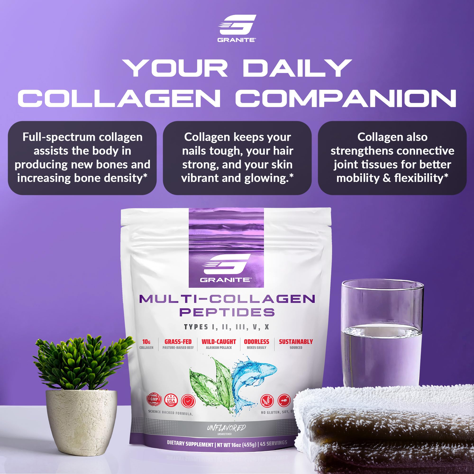 Front view of Granite Collagen Peptides Powder container 16oz