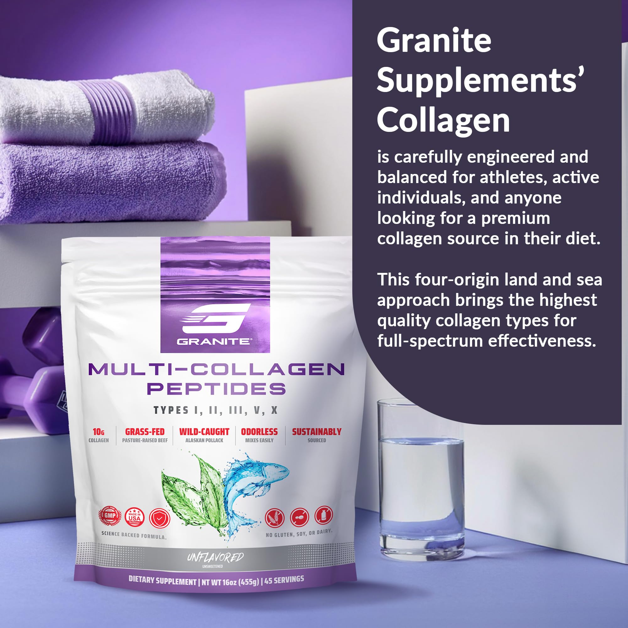 Lifestyle scene with fitness enthusiast using collagen peptides for hair, skin, nails