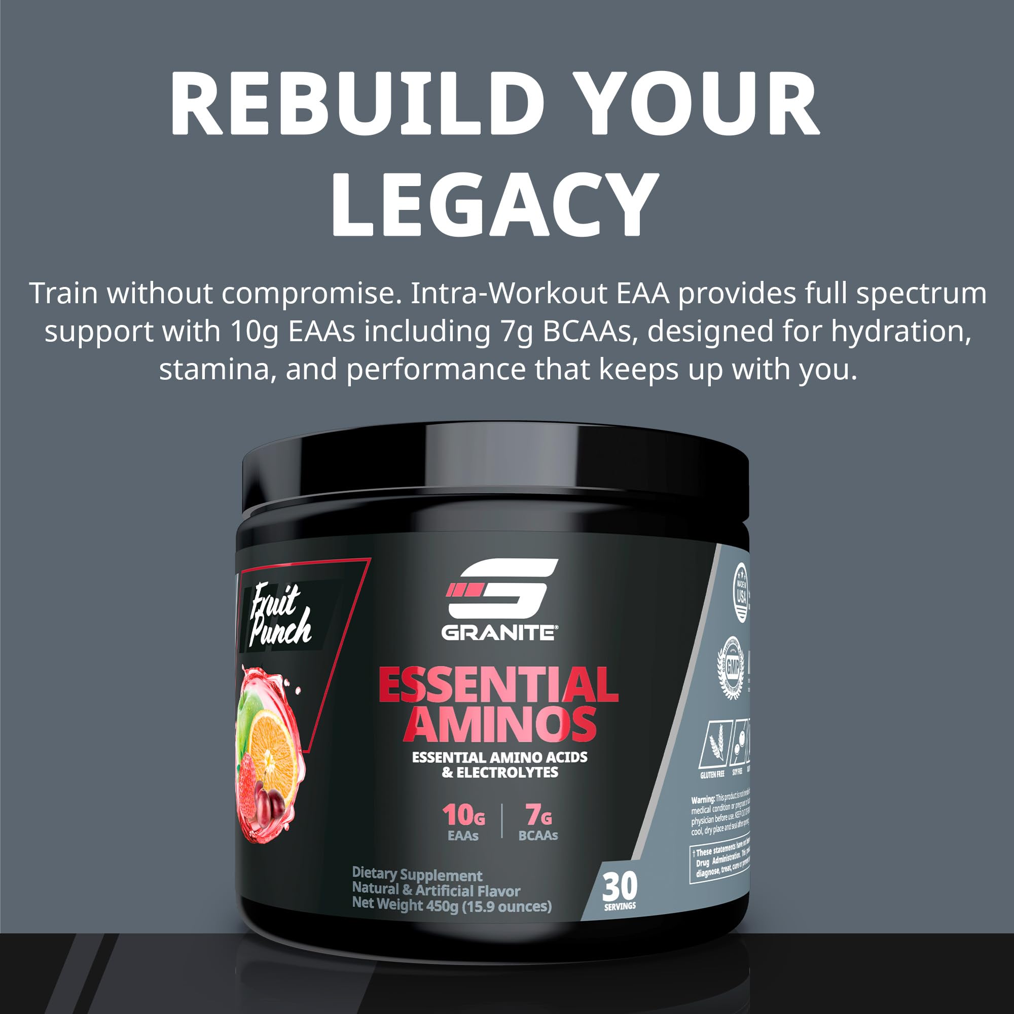 Granite EAAs powder scoop with Fruit Punch powder