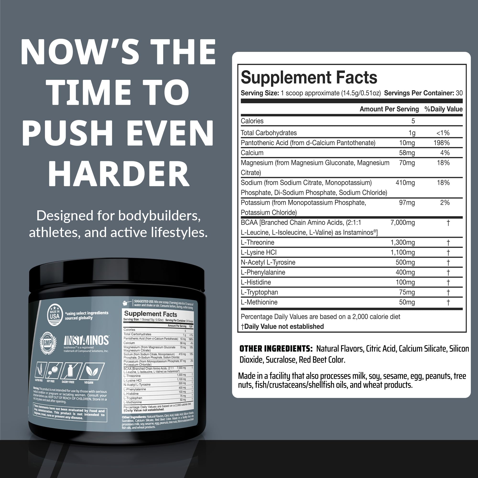 Close-up of 10g EAAs and 7g BCAAs per serving label
