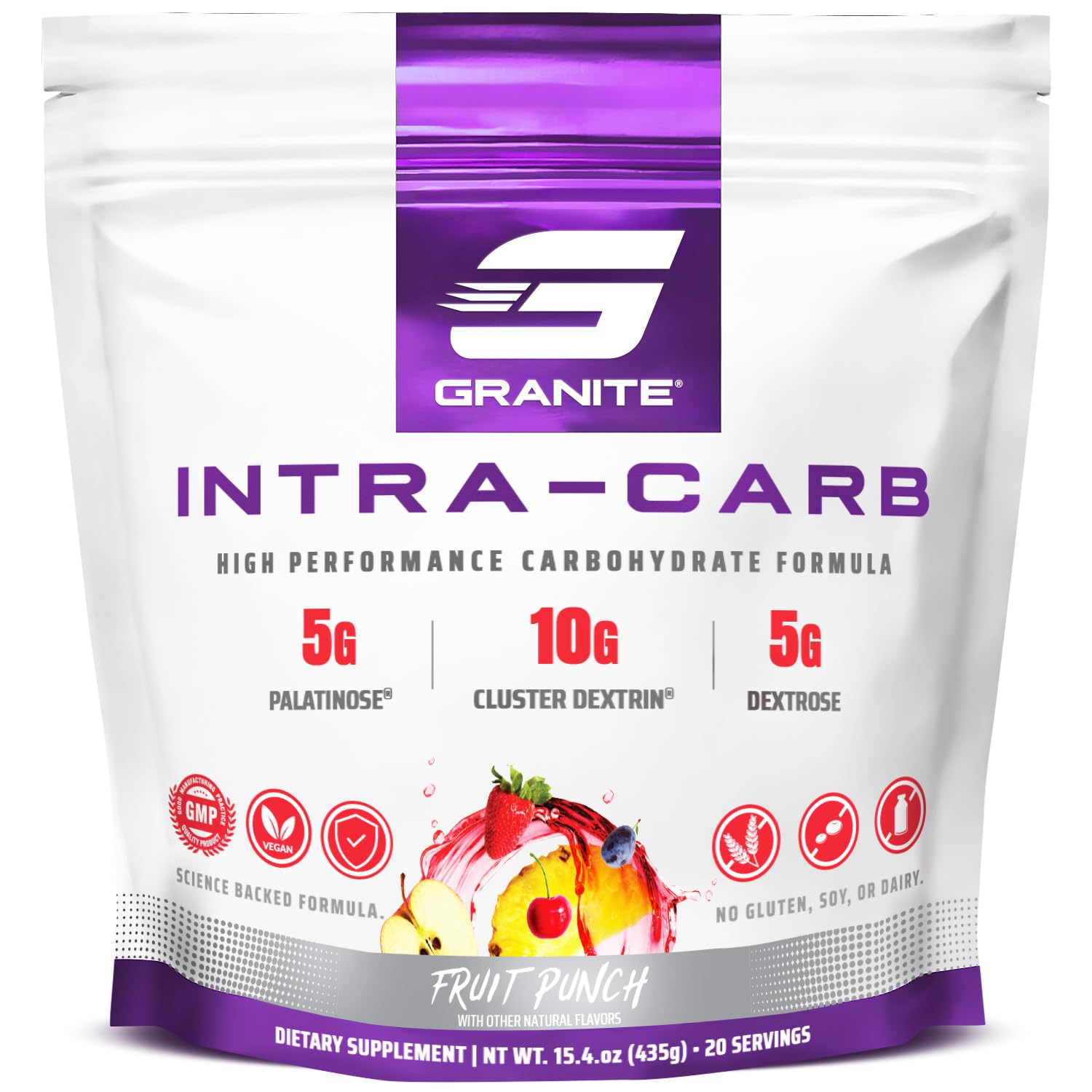 Granite Intra Carb Powder fruit punch bottle ready for fueling workouts and sustained energy.