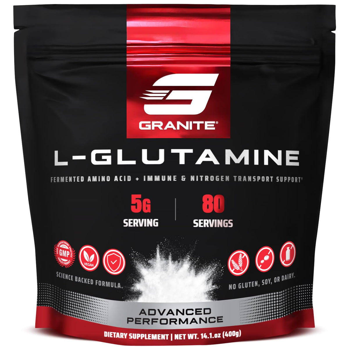 Granite L-Glutamine powder bottle front view