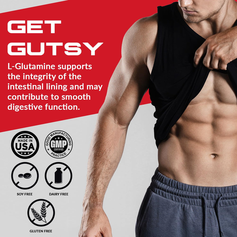 Scoop of L-Glutamine powder ready to mix in a glass