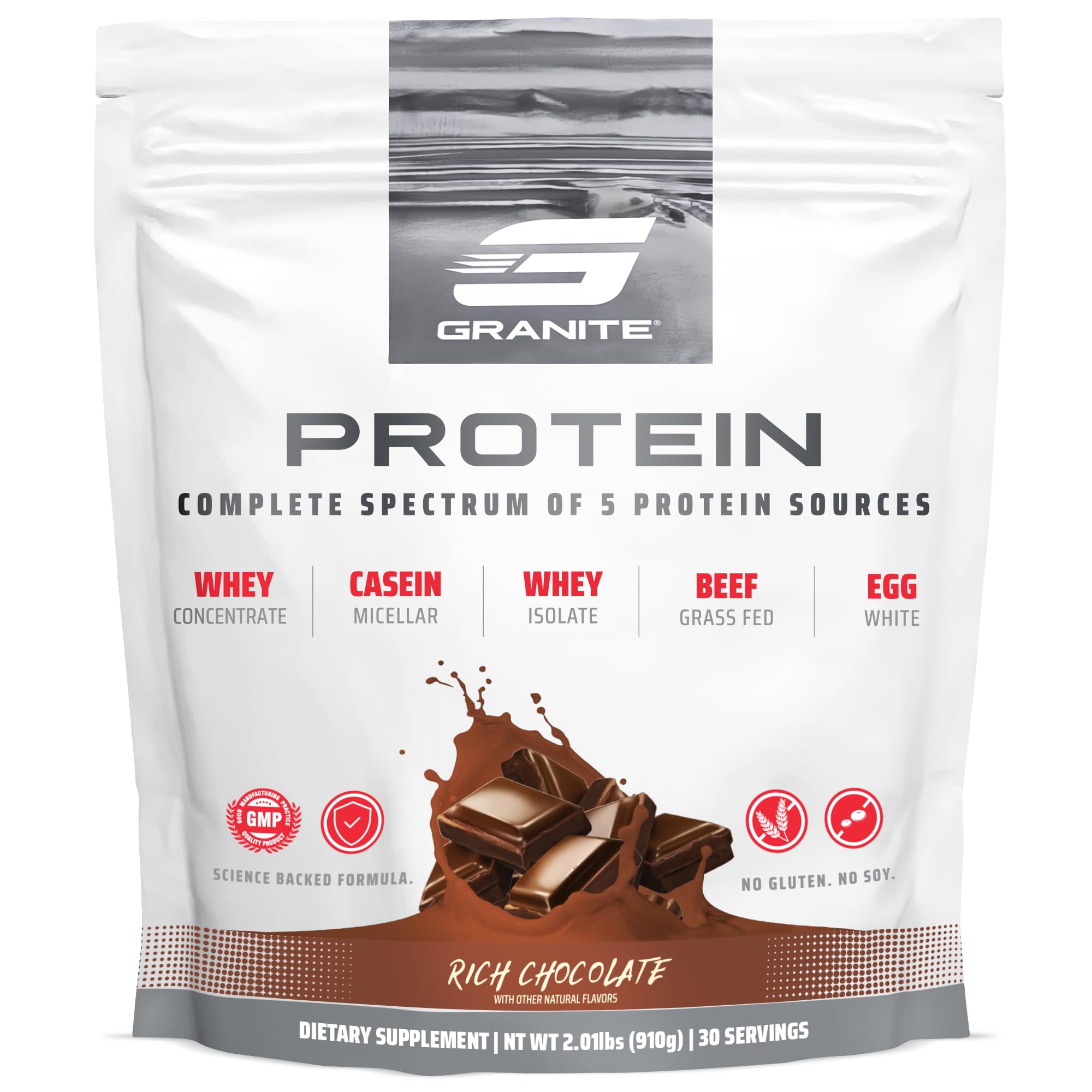 Granite Nutrition protein powder container close-up highlighting five-source blend for lean muscle.