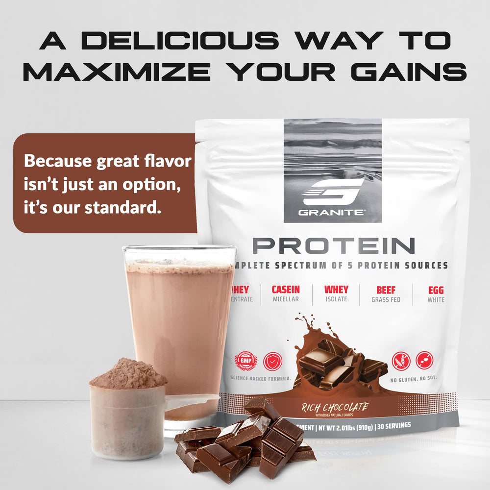 Granite Nutrition Vanilla flavor bottle beside glass for versatile shakes.