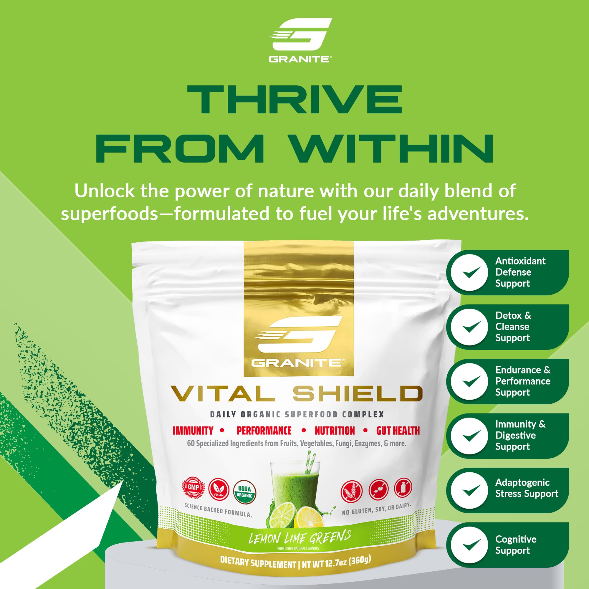 Close-up of Vital Shield powder texture in a scoop