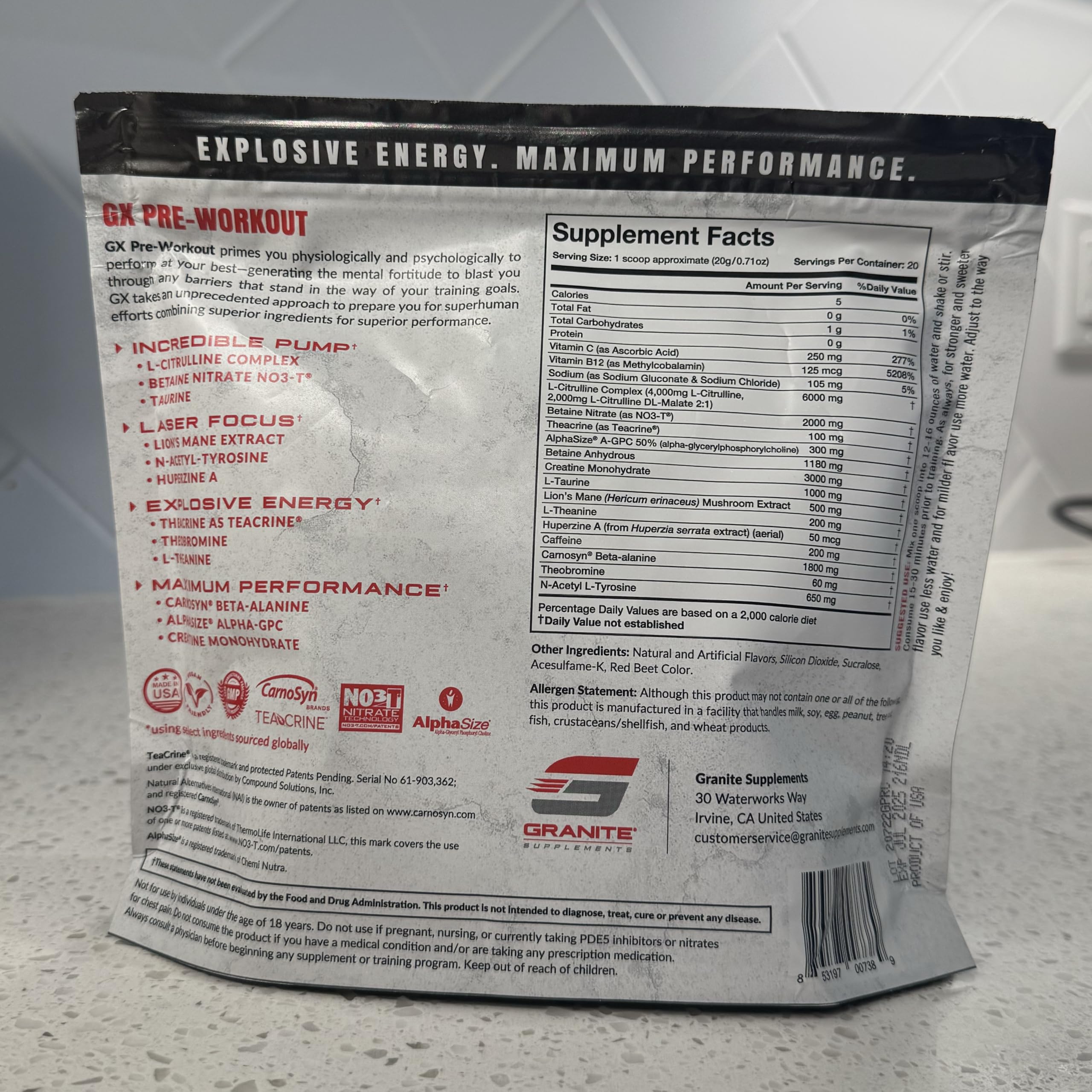 Granite GX bottle close-up highlighting ingredient list for better workout clarity