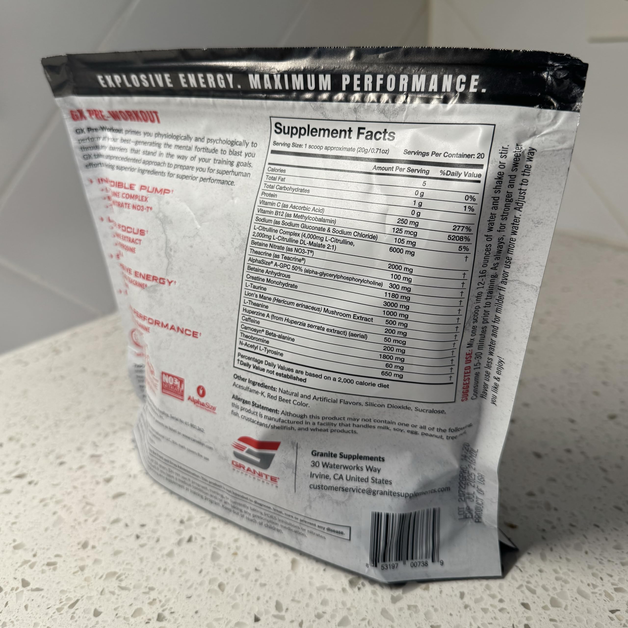 Granite GX label closeup emphasizes L-Citrulline and Teacrine benefits