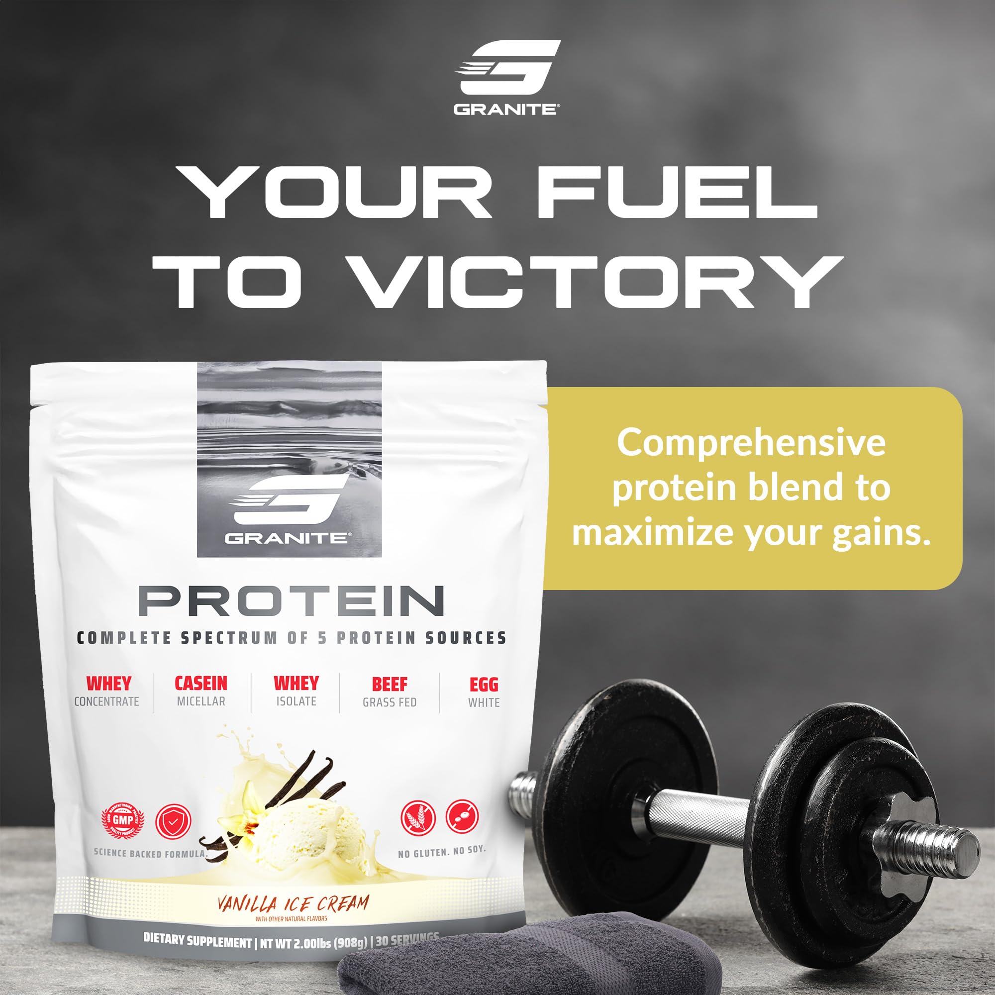 Granite Nutrition protein powder serving scoop demonstrates convenient daily protein boost
