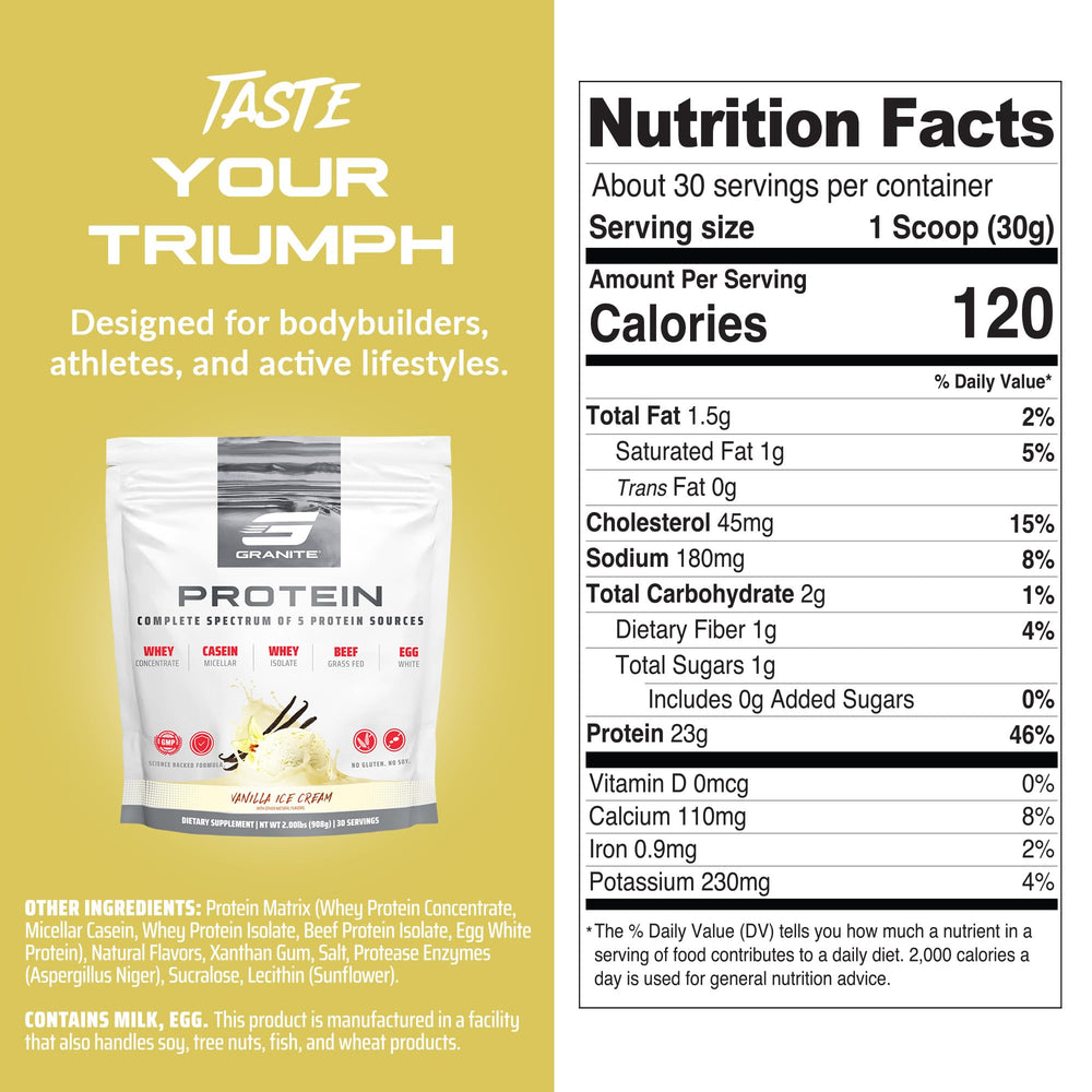Granite Nutrition protein powder serving scoop demonstrates convenient daily protein boost