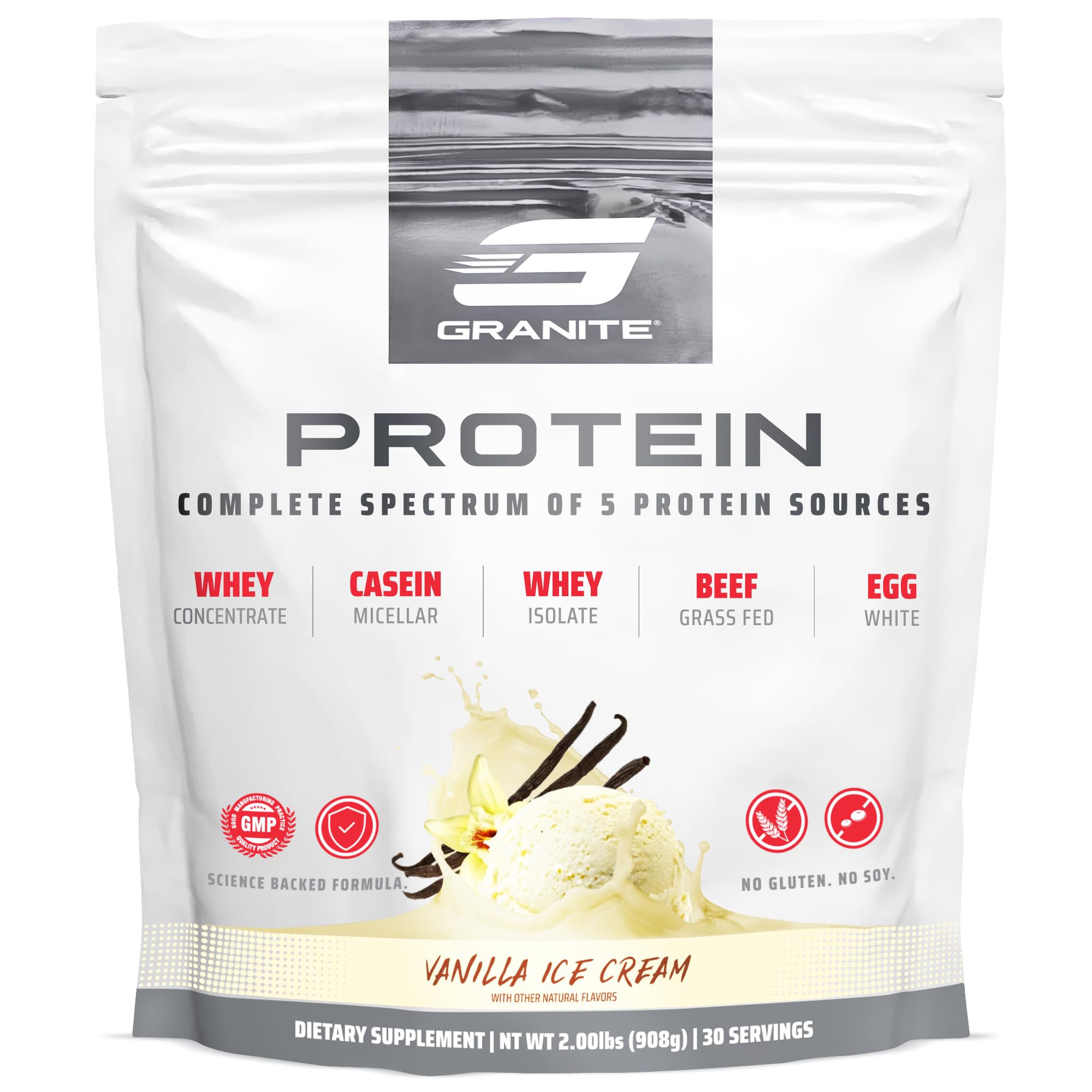 Granite Nutrition protein powder tub in vanilla ice cream flavor for lean muscle support