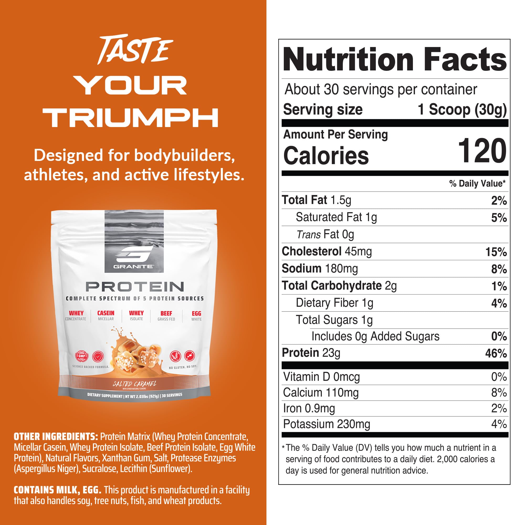 Granite Nutrition five-sources blend graphic highlights balanced amino acids for steady fueling.