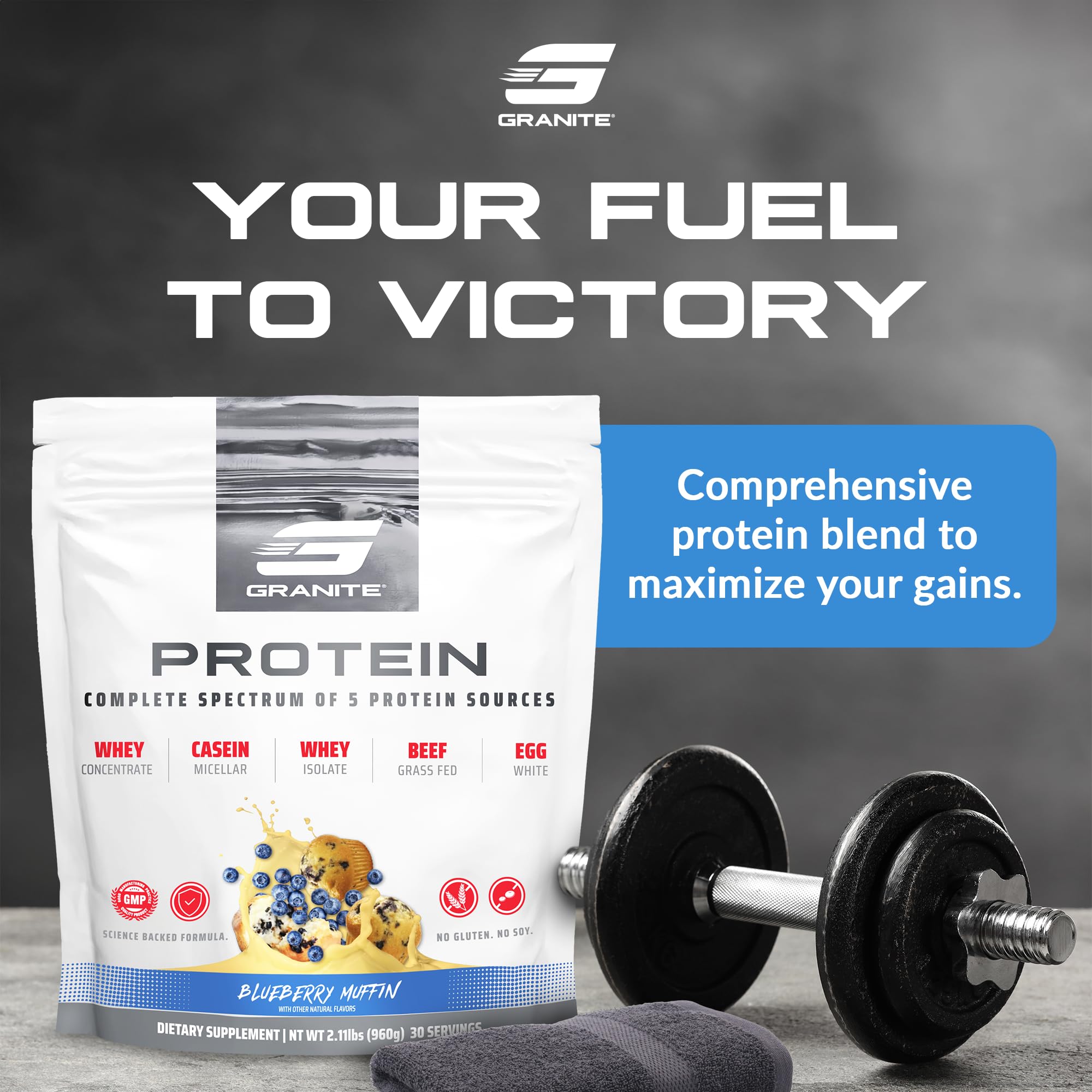 Granite Supplements protein powder scoop ready for precise serving after training.