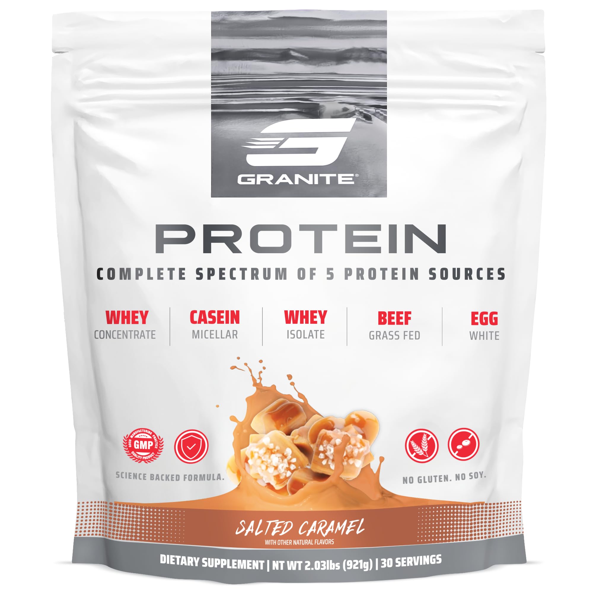 Granite Nutrition Protein Powder Salted Caramel tub front for lean muscle support.