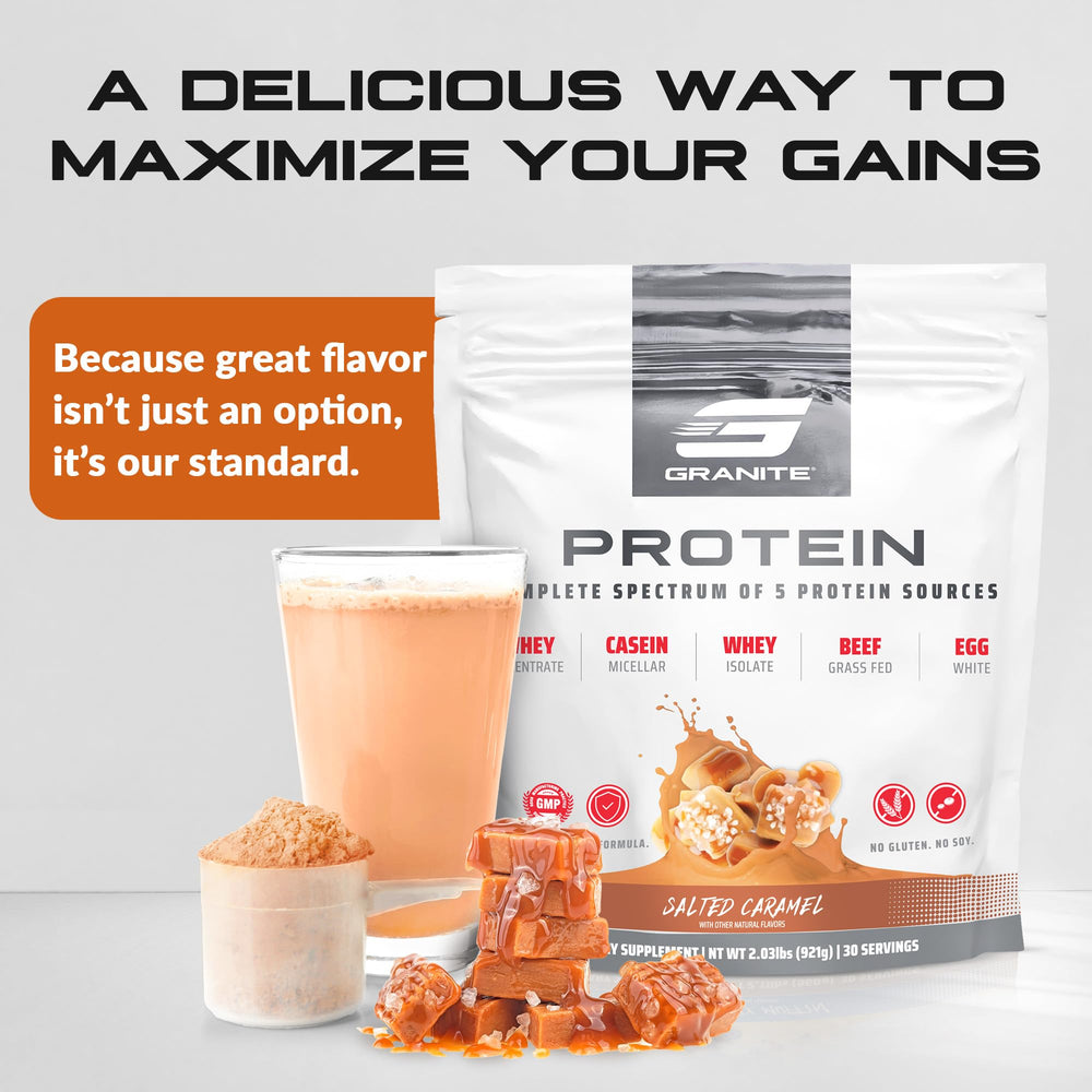 Granite Supplements protein tub with scoop highlights clean nutrition and low sugar.