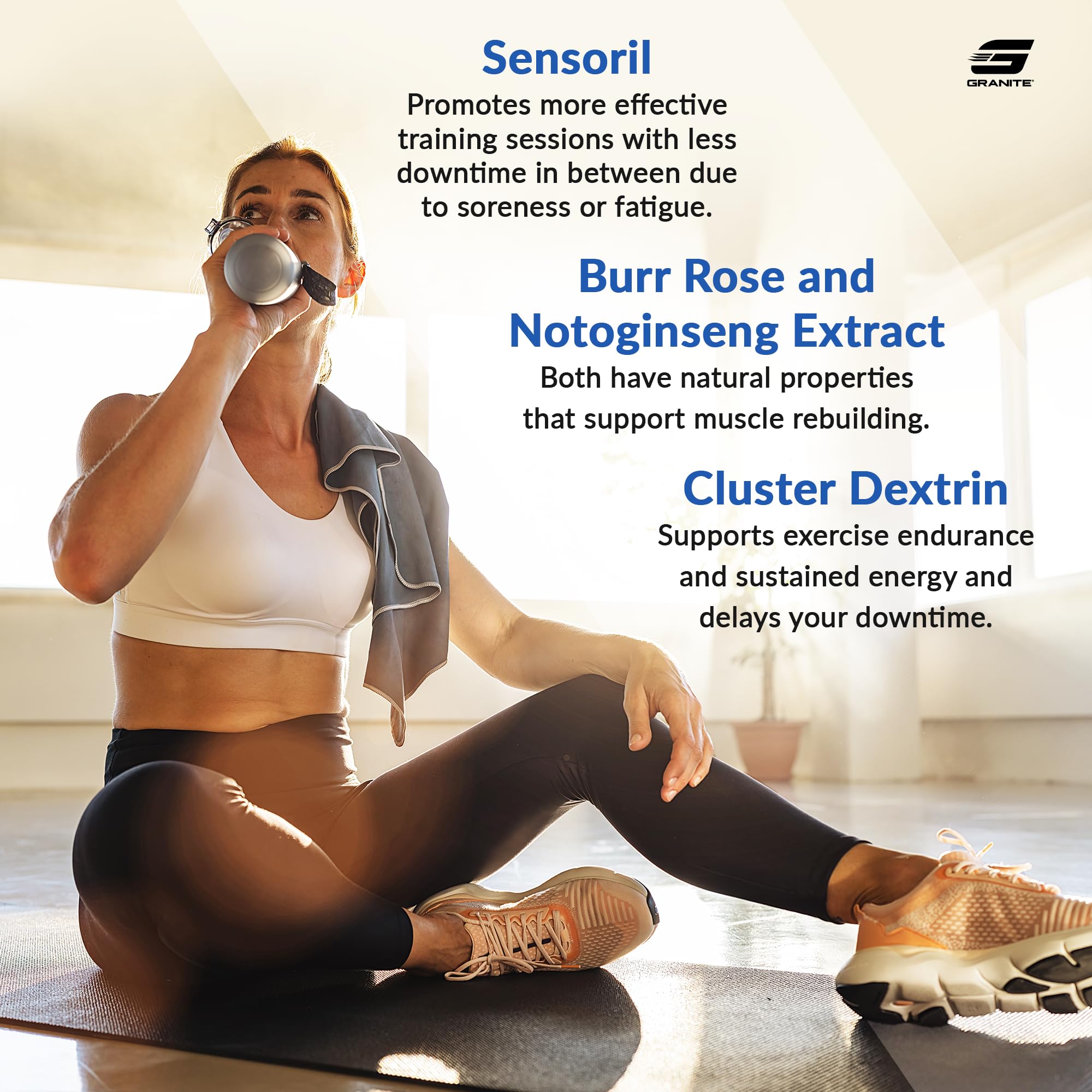 Granite Supplements Recovery Intra feature icons image communicates Sensoril and adaptogen benefits.