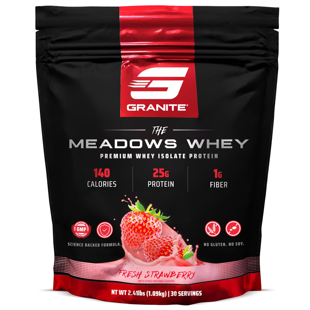 Granite Supplements The Meadows whey protein isolate bottle for lean muscle support.