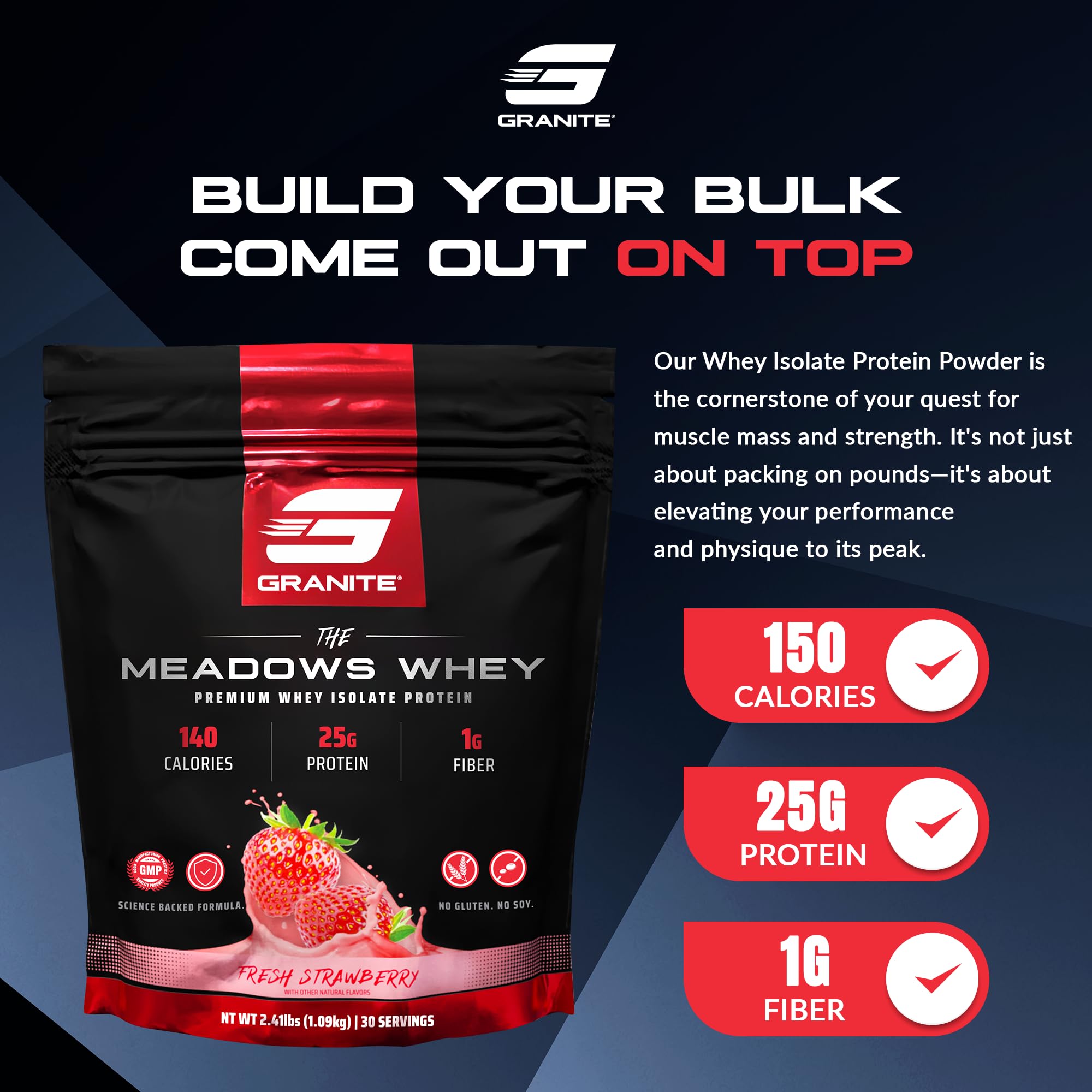 Granite Supplements The Meadows whey protein isolate scoop for precise daily serving.