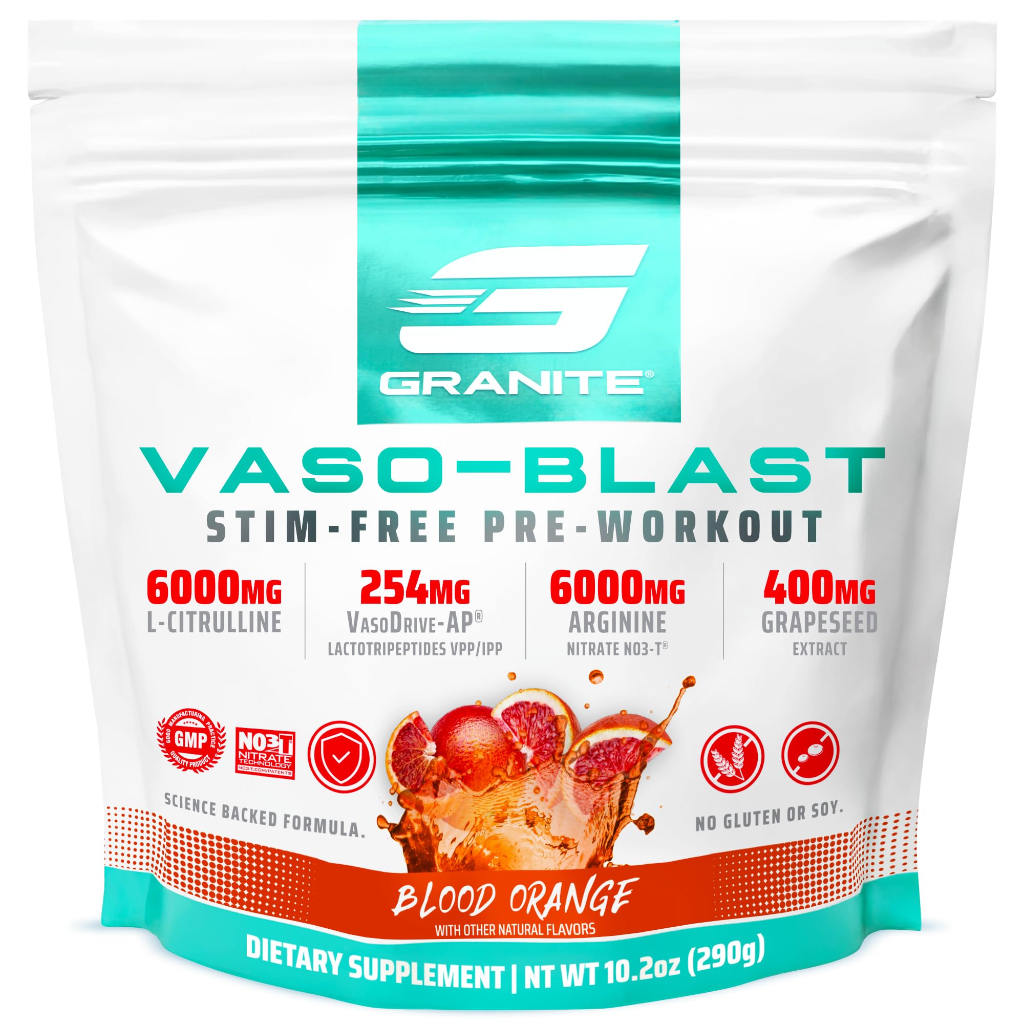 Granite Supplements Vaso Blast Blood Orange tub showing stimulant-free pump formula
