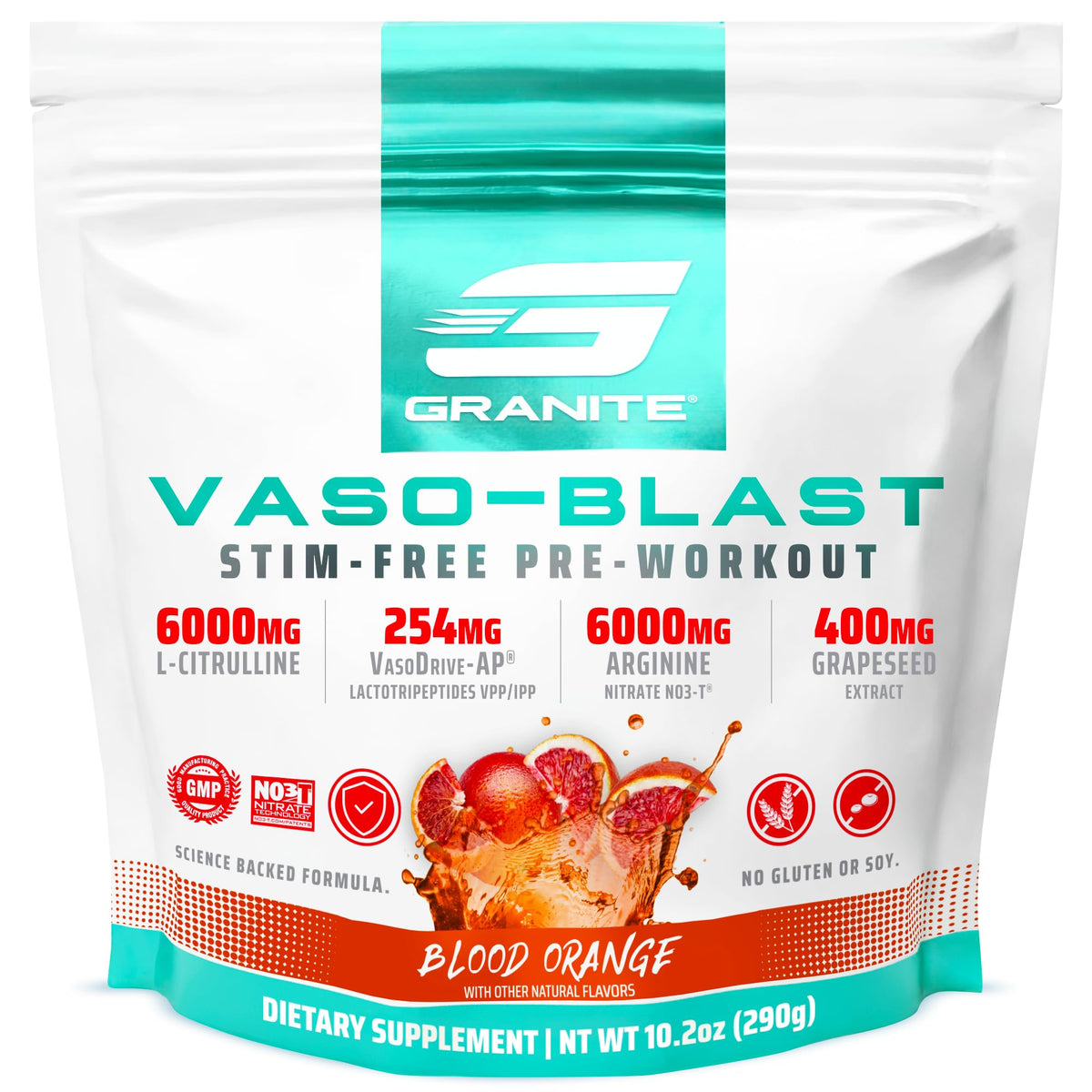 Granite Supplements Vaso Blast Blood Orange tub showing stimulant-free pump formula