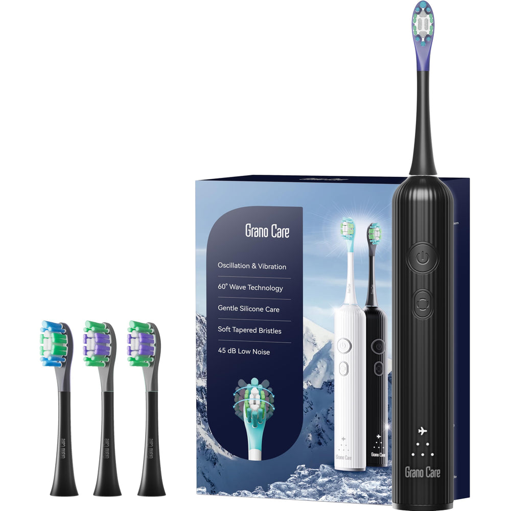Grano Care toothbrush front view in black ABS