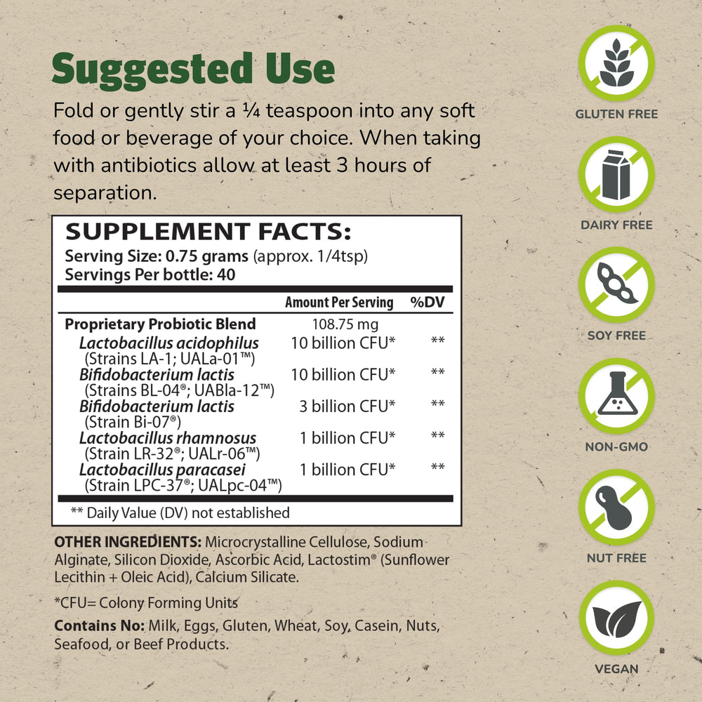Granular Theralac probiotic powder packaging showing 80 servings