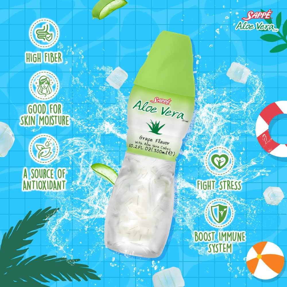 Six-pack of grape-flavored aloe vera juice with big pulp