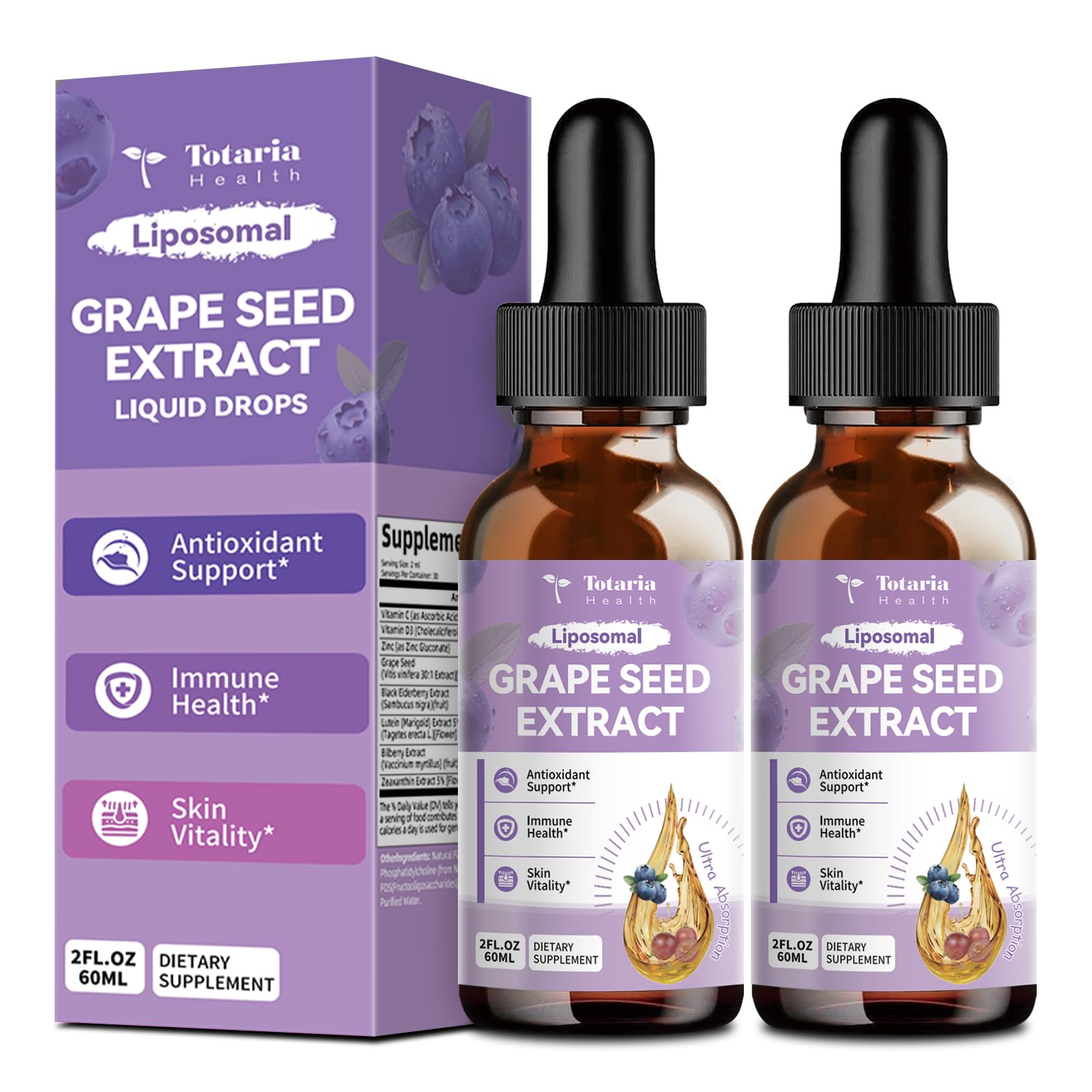 Two-pack bottle of grape seed extract liquid drops on a clean white background