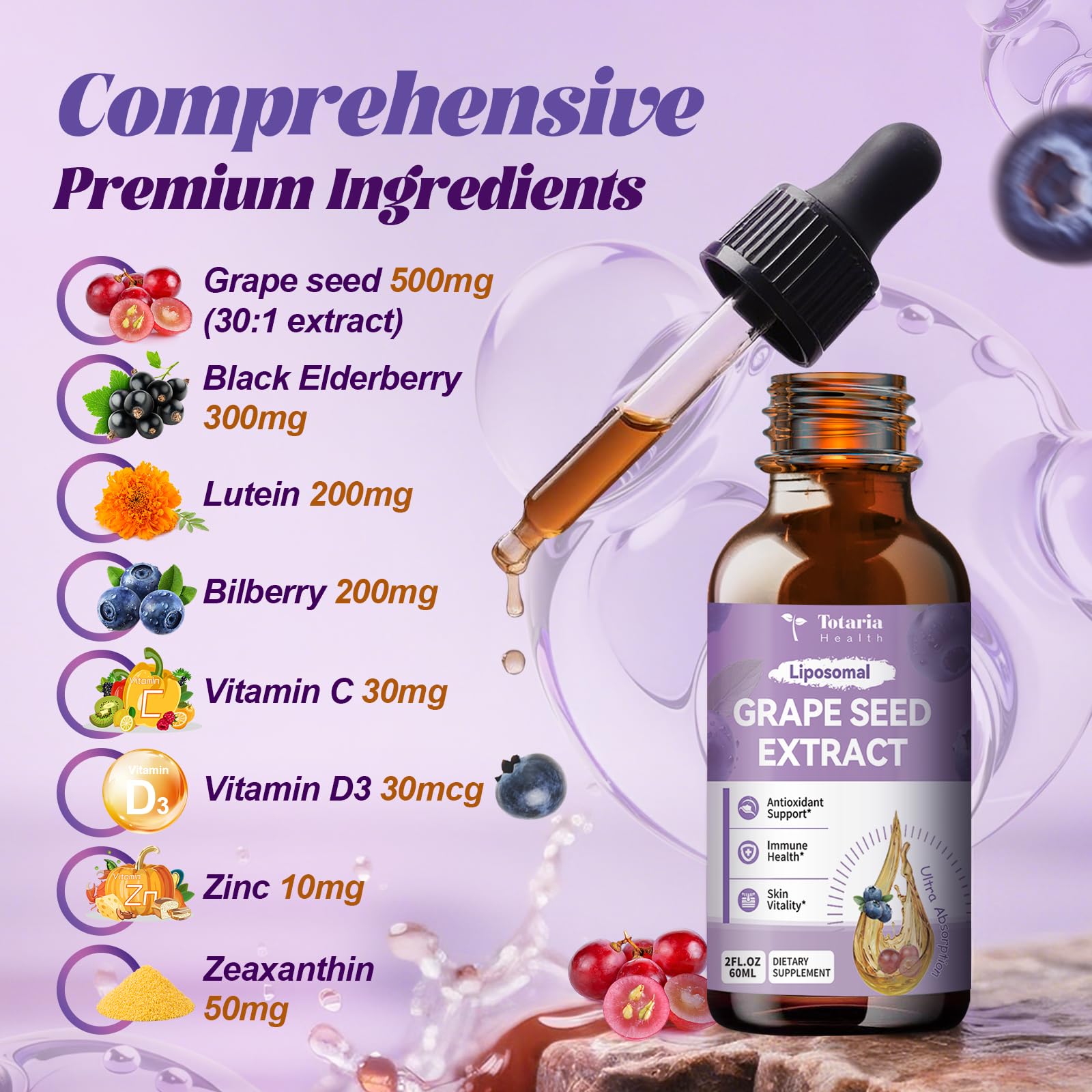 Close-up of grape seed extract liquid drops label and ingredients