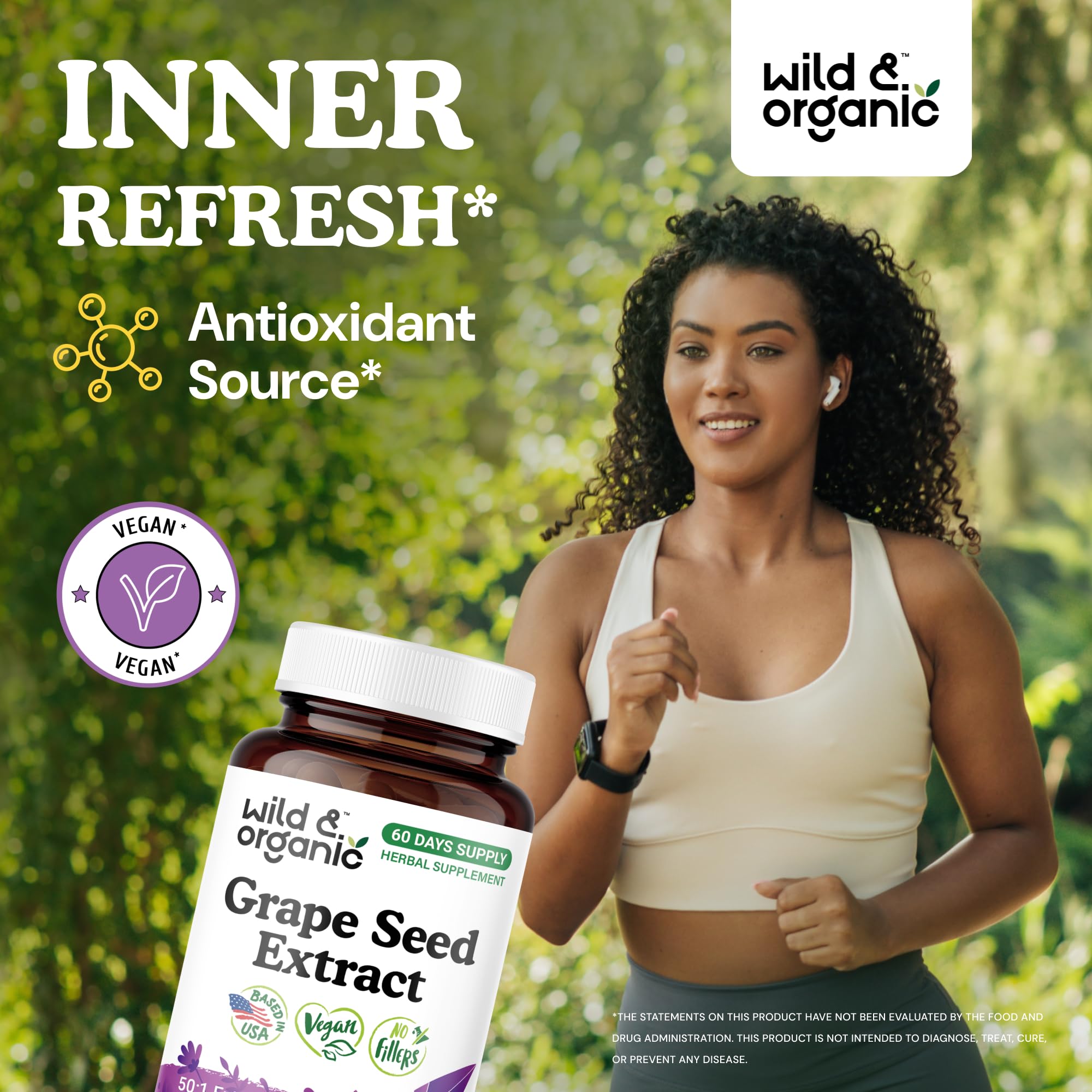 Grape seed extract capsules packaging indicating 2 month supply and 60 vegan capsules