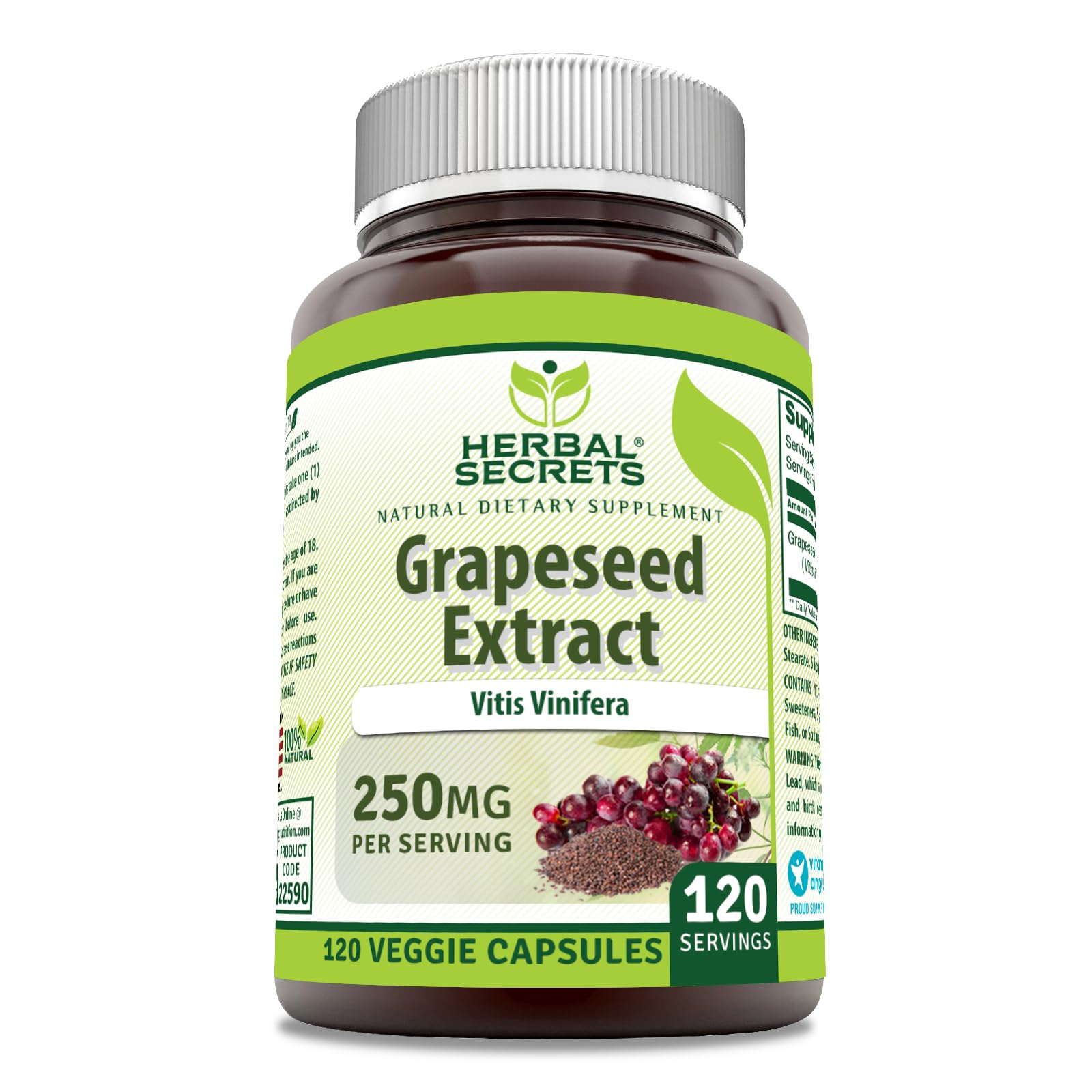 Herbal Secrets Grapeseed Extract Supplement bottle with 120 veggie capsules, 250 mg per serving