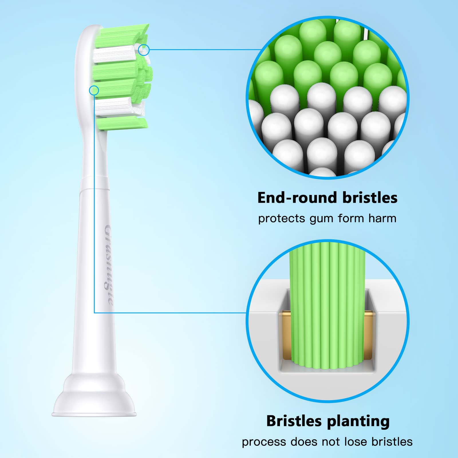 Indicator bristles fading reminder to replace the head (approx. 3 months)