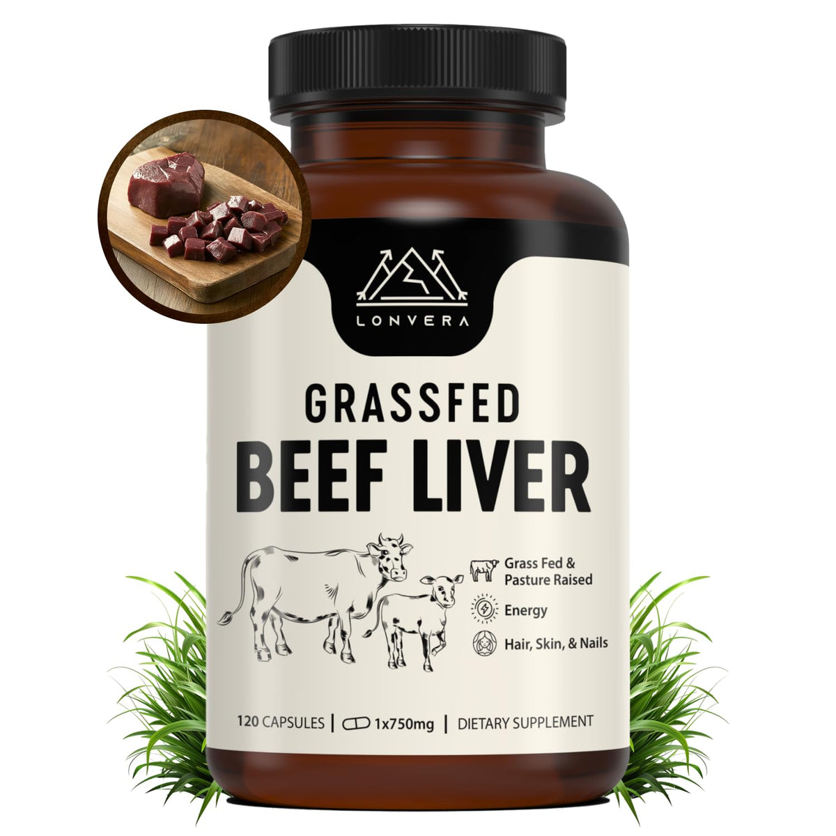 Grass-fed beef liver capsules bottle with 120-count