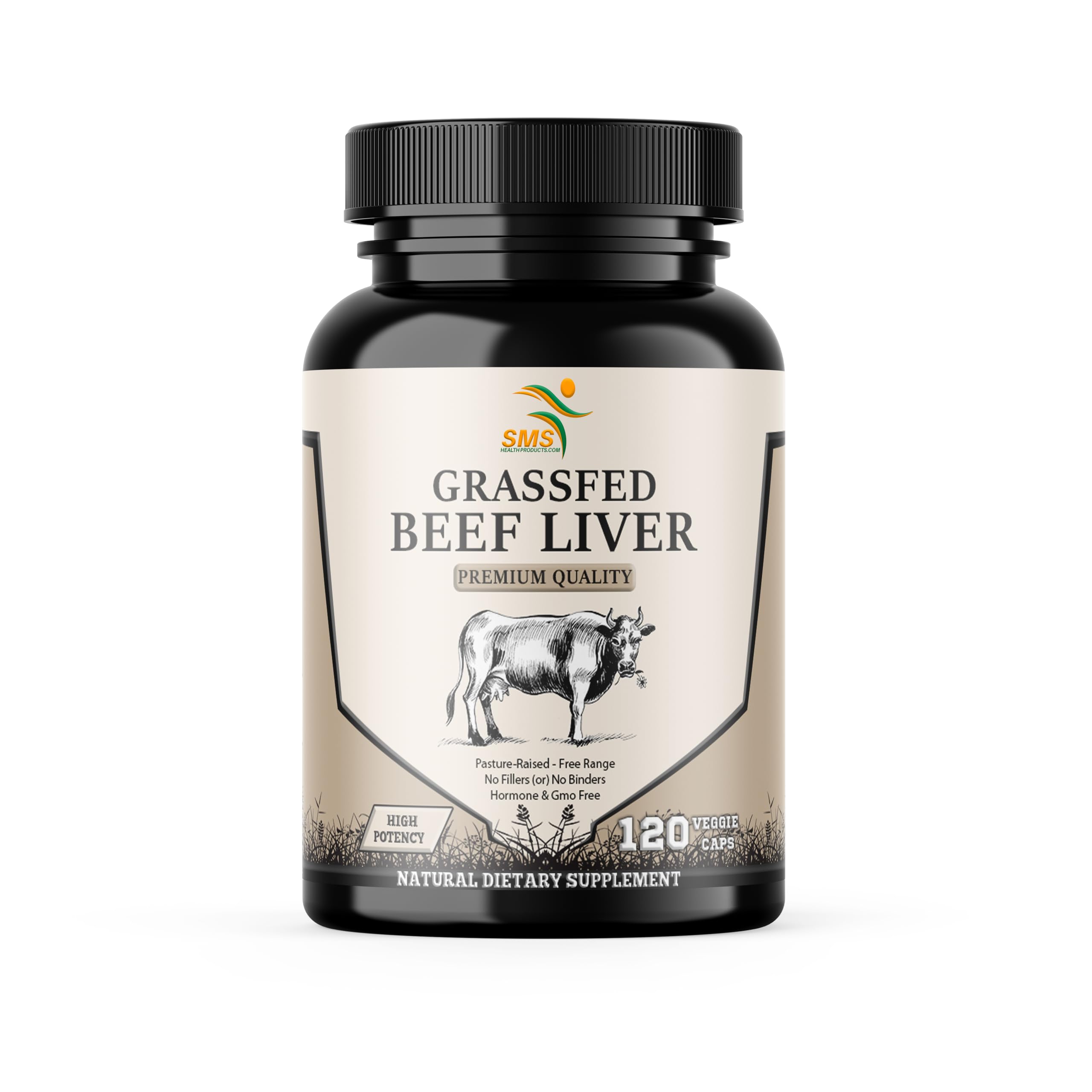 Grass-fed beef liver capsules bottle on white background
