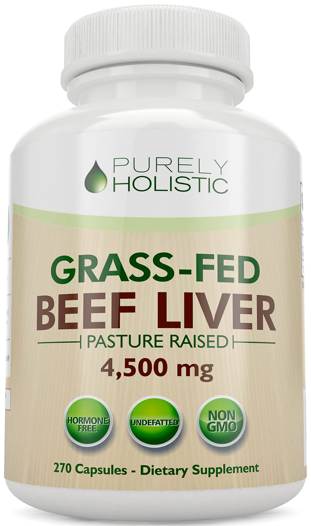 Bottle of Grass Fed Beef Liver Capsules 4500mg per bottle, 270 capsules