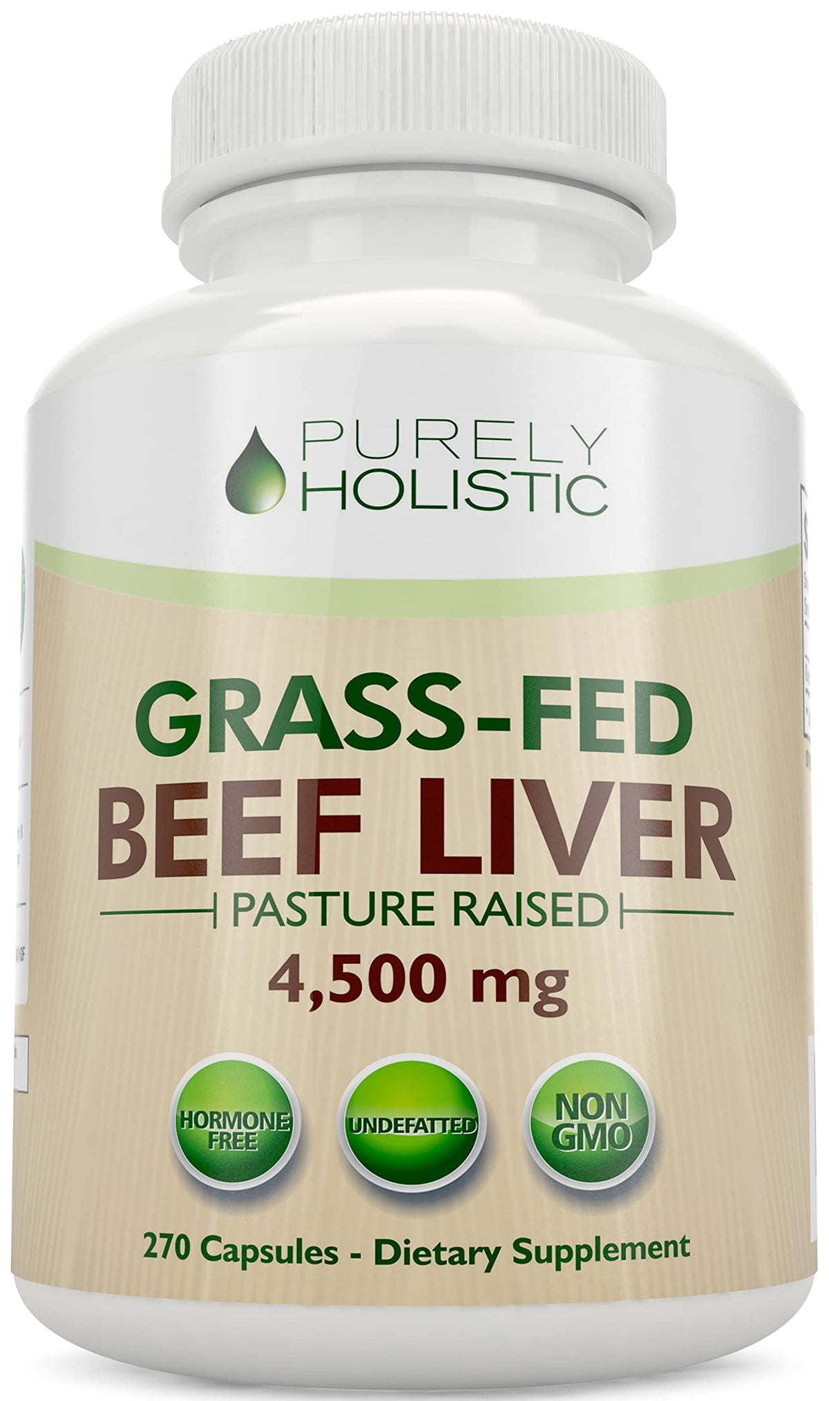 Bottle of Grass Fed Beef Liver Capsules 4500mg per bottle, 270 capsules