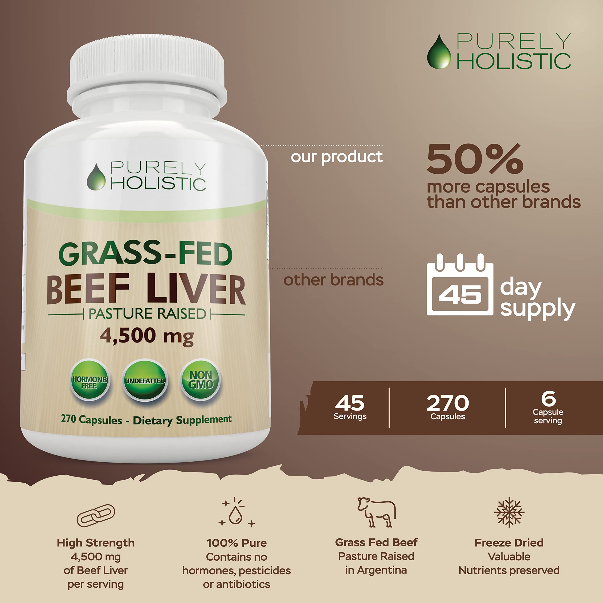 Close-up of a single 750mg grass-fed beef liver capsule