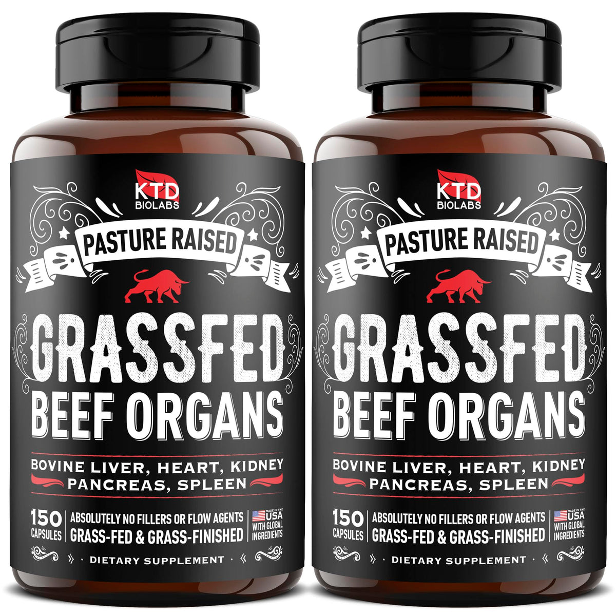 Pack of 2 Grass Fed Beef Organ Supplement bottle with 150 capsules