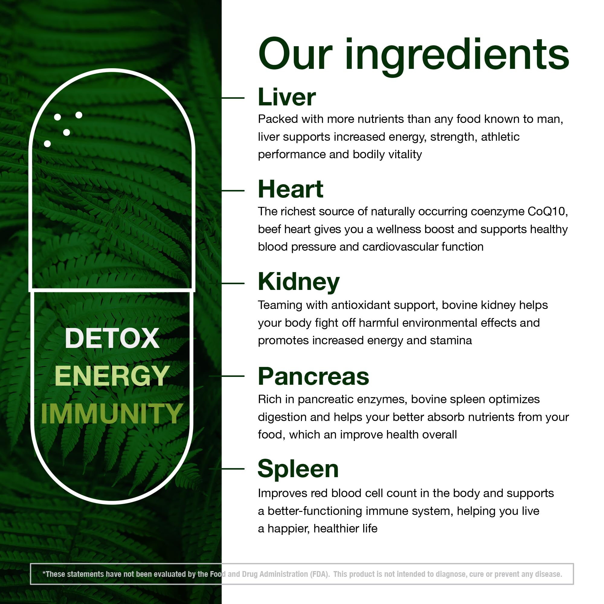 Beef organ supplement ingredients and nutrients label