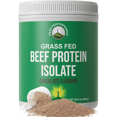 Front label of Grass Fed Beef Protein Powder - Chocolate flavor