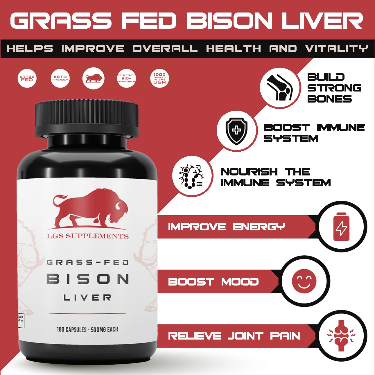 Front view of Grass Fed Bison Liver Capsules bottle