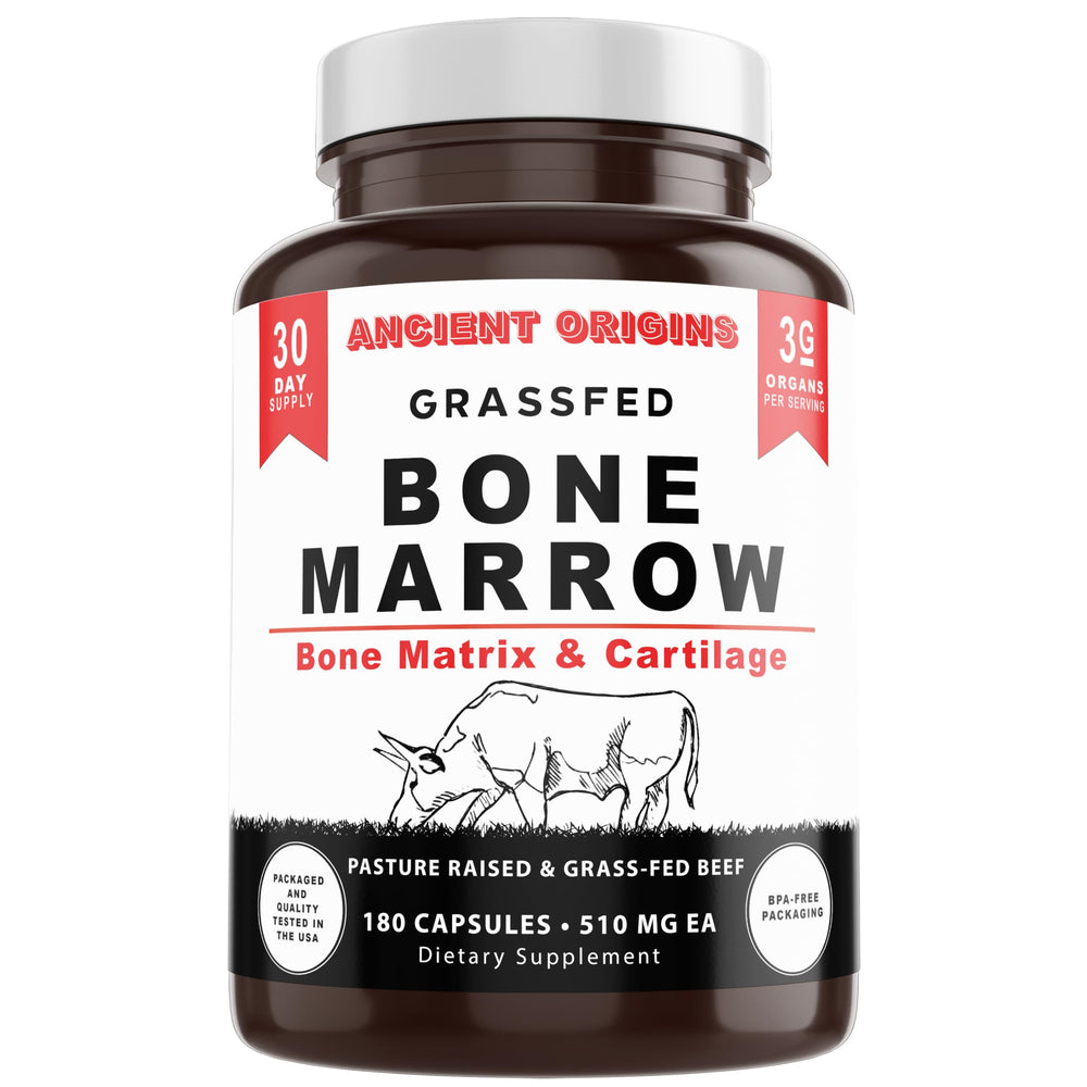 Grass-fed bone marrow supplement bottle with 180 capsules