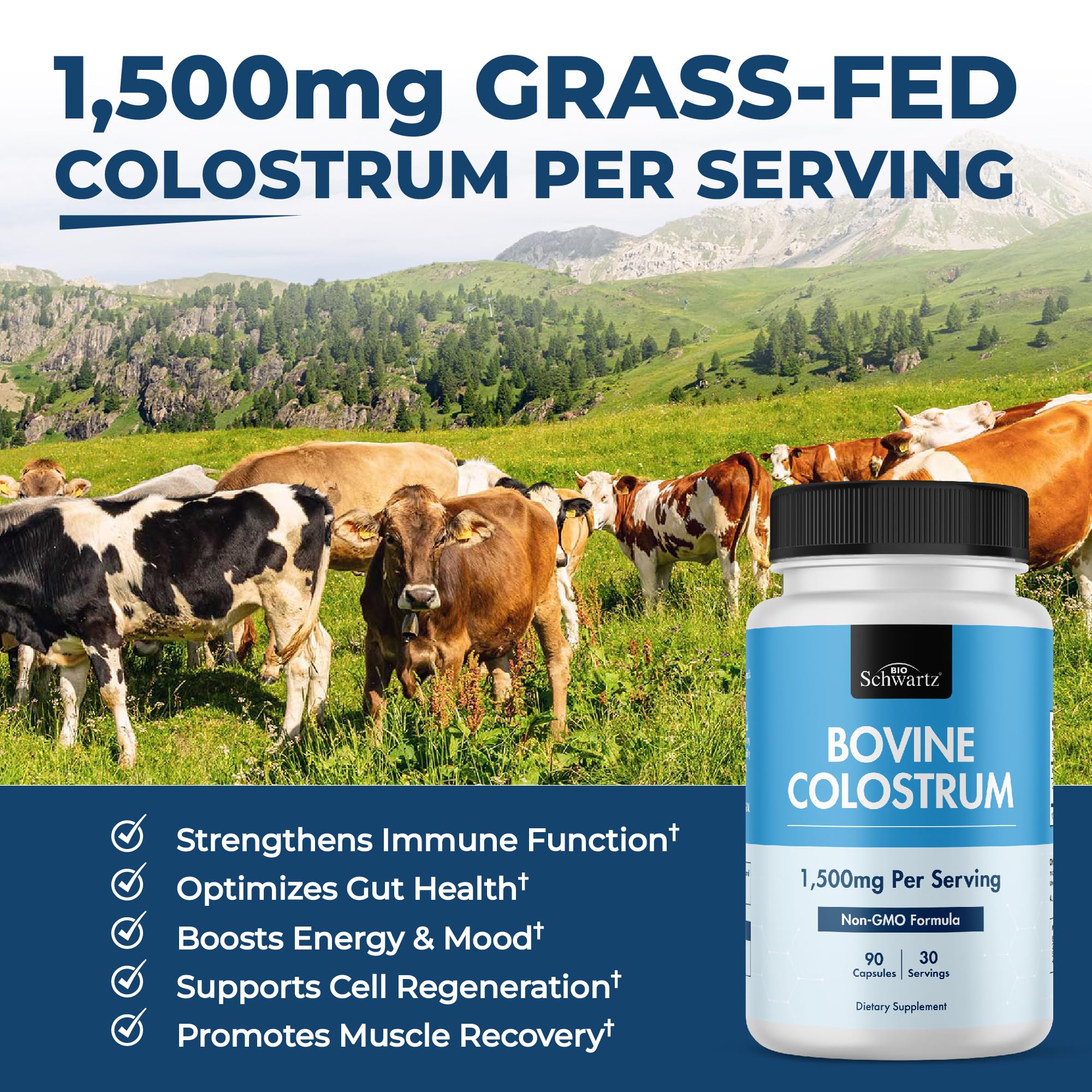 Grass-fed bovine colostrum capsules with 1500mg per serving