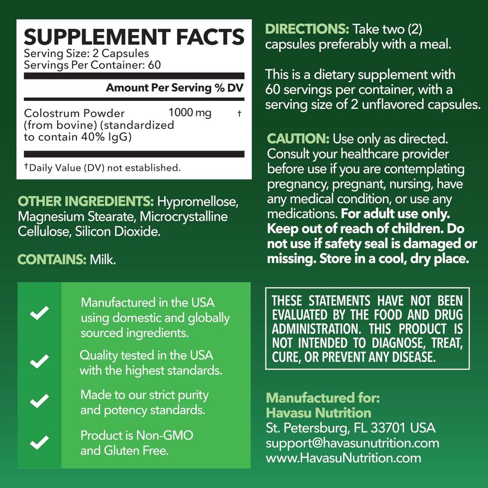 Front view of grass-fed colostrum supplement bottle with 120 capsules