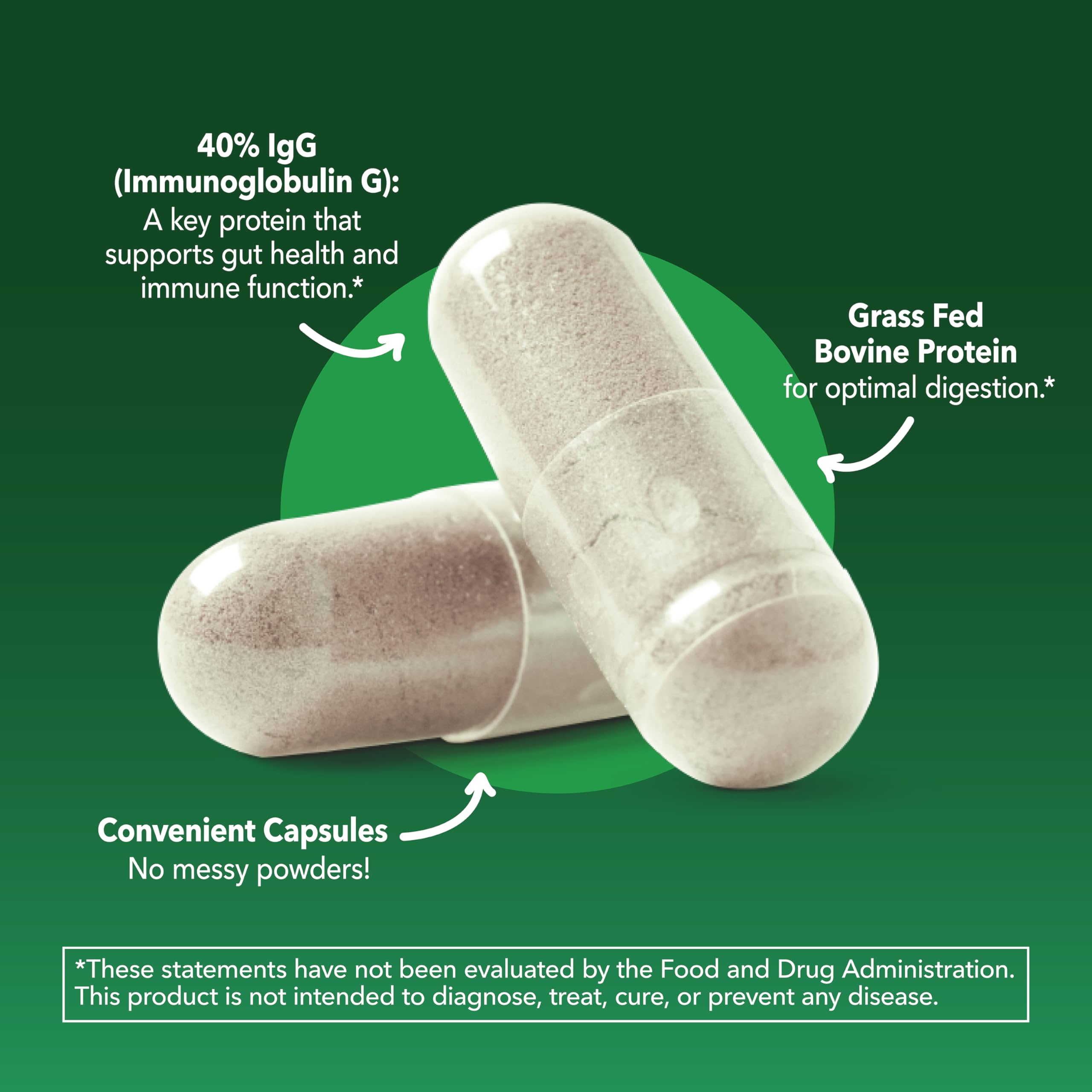Bottle label highlighting 40% IgG and grass-fed source
